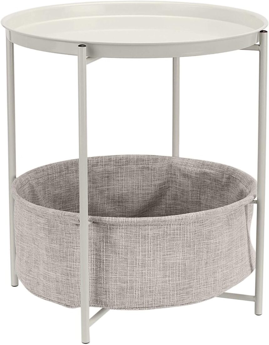 Amazon Basics Round Side Sofa Side Table with Storage Space, White with Grey Melange Fabric, 44.96 D x 44.96 W x 48 H cm, Cream/Ivory
