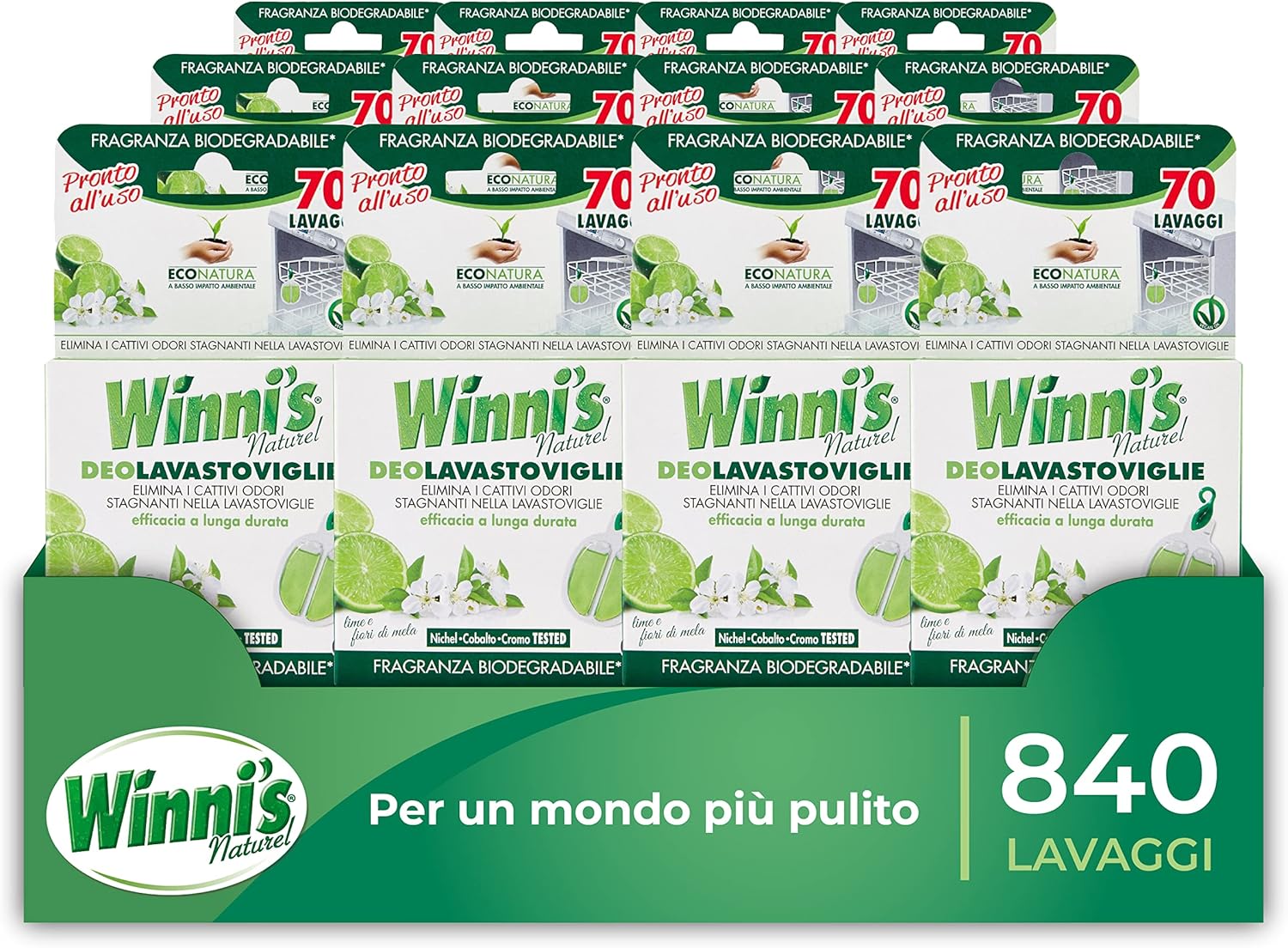 Winni's - Dishwasher Deodorant, 840 Washes, Eliminates Bad Odors, Lime and Apple Blossom Fragrance, with Raw Materials of Vegetable Origin and Bio, 12 Packs