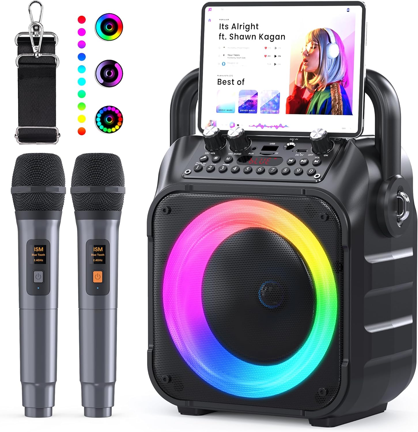 Ankuka Karaoke con Microfono Karaoke Professionale Completo Karaoke per Adulti con 2 Microfoni Wireless Cassa Bluetooth Potatile con PA Sistema, Supporta Bluetooth/TF/USB/AUX/FM/TWS(Nero)