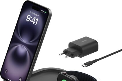 Belkin BoostCharge 3 in 1 Foldable Magnetic Charger with Qi2 15W, Fast Charger Compatible with MagSafe, Apple iPhone 17, Air, Pixelsnap, Apple Watch and AirPods, Power Supply - Black