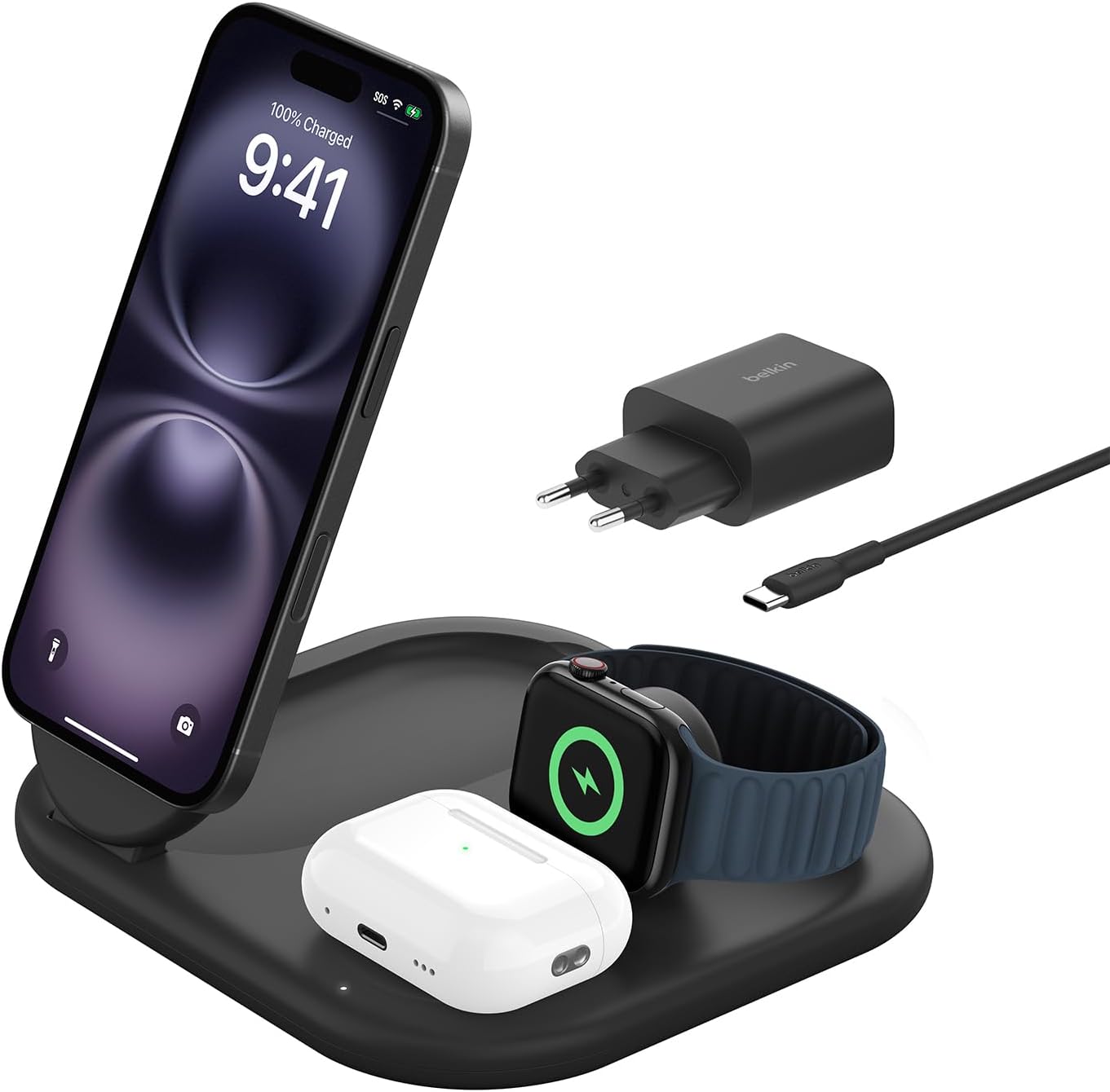 Belkin BoostCharge 3 in 1 Foldable Magnetic Charger with Qi2 15W, Fast Charger Compatible with MagSafe, Apple iPhone 17, Air, Pixelsnap, Apple Watch and AirPods, Power Supply - Black