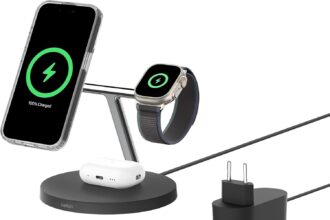Belkin BoostCharge 3-in-1 Charger with Qi2, MagSafe Compatible Wireless Charging Cradle, iPhone 17 Charger, Air, Pixelsnap, Apple Watch and AirPods Charger, Power Supply Included - Black