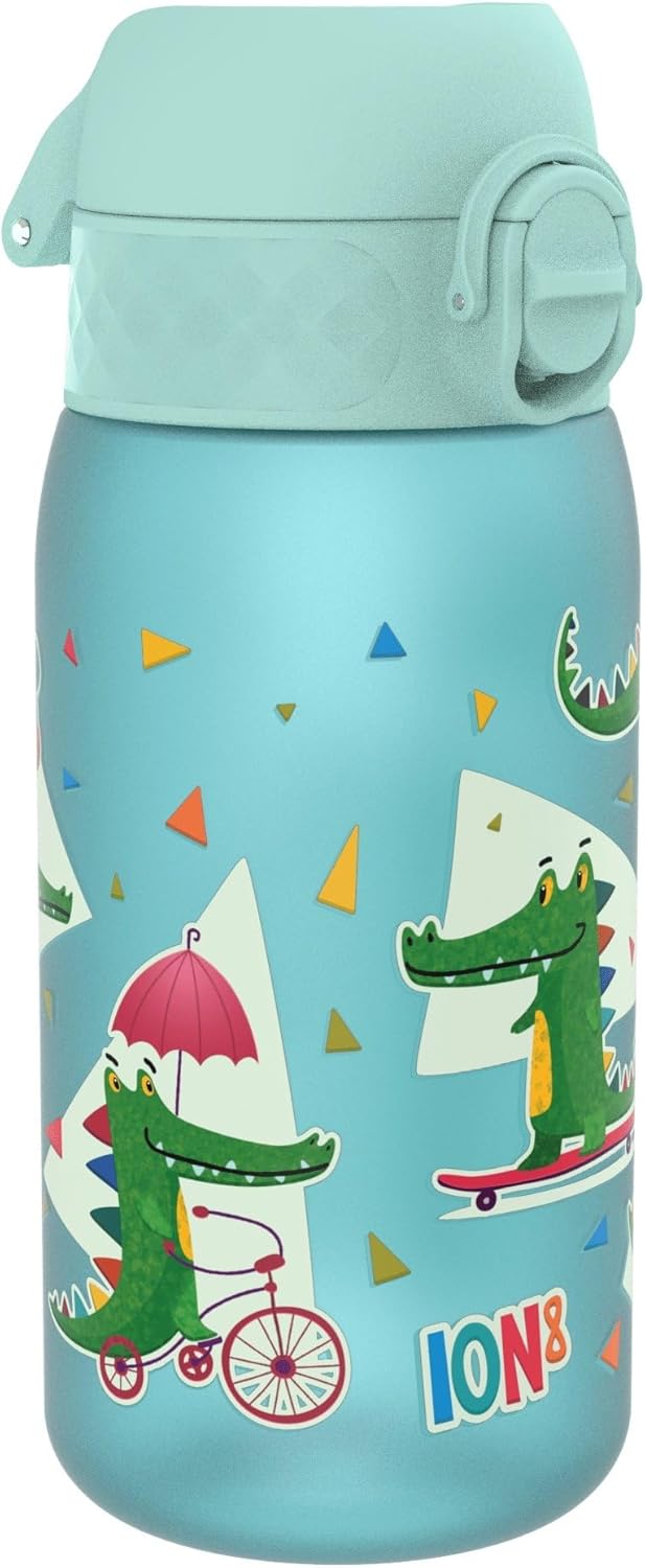 Ion8 Kids Water Bottle, 350ml, Leak Proof, Easy Open, Safe Lock, Dishwasher Safe, BPA Free, Carry Handle, Easy Cleaning, Crocodiles