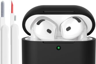 Silicone Case Compatible with Airpods 4 2024 Case Cover, Front LED Visible, Soft Silicone Full Body Protective Shockproof Case for AirPods 4th Generation with Cleaner kit, Black