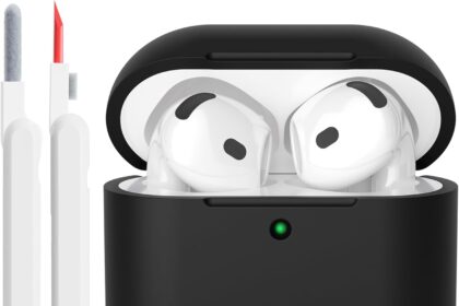 Silicone Case Compatible with Airpods 4 2024 Case Cover, Front LED Visible, Soft Silicone Full Body Protective Shockproof Case for AirPods 4th Generation with Cleaner kit, Black