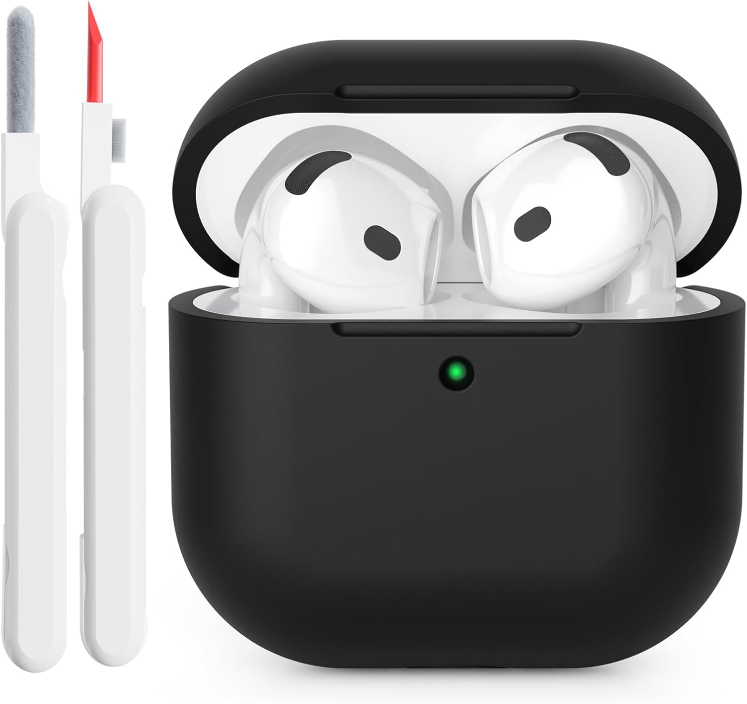 Silicone Case Compatible with Airpods 4 2024 Case Cover, Front LED Visible, Soft Silicone Full Body Protective Shockproof Case for AirPods 4th Generation with Cleaner kit, Black