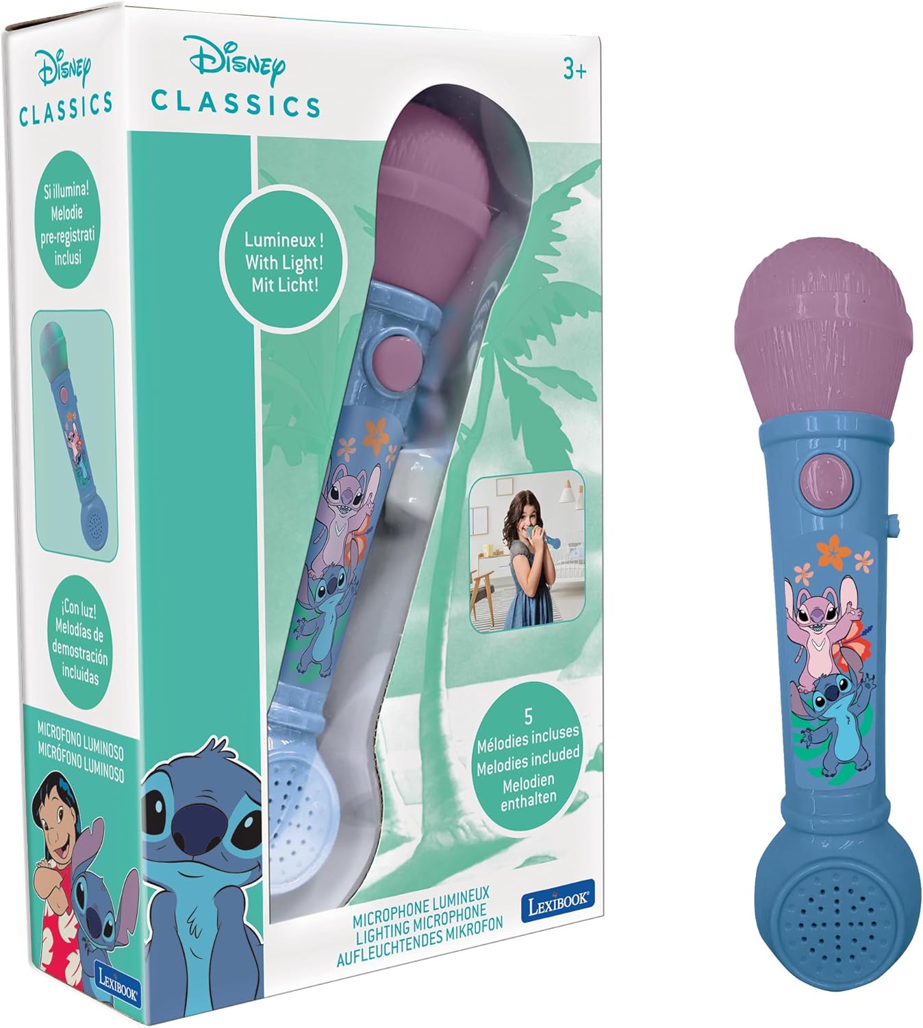 Lexibook, Disney Stitch Luminous Microphone for Children, Musical Toy, Built-in Speaker, Luminous Effects, Demo Melodies Included, Blue, MIC80D