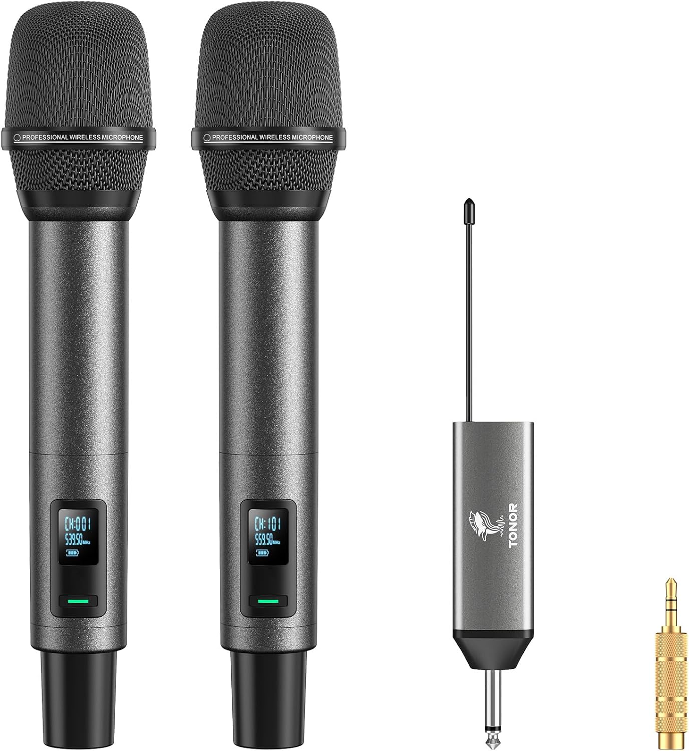 TONOR Wireless Microphone, Professional Rechargeable Microphone, 2 x 100 UHF Metal Cordless Dynamic Microphone for Karaoke, Church, Singing, Wedding, Meeting, DJ, Adjustable Volume, 262ft, TW520