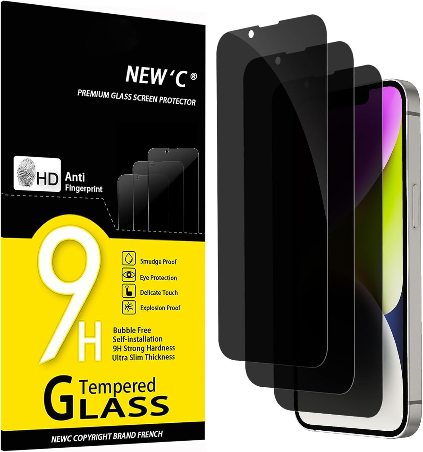 NEW'C 3 x Privacy Screen Protector for iPhone 16e, iPhone 14, iPhone 13, iPhone 13 Pro (6.1 Inch) - Improved Privacy Angle 28 Degrees - Ultra Tough Hardness 9H - Bubble Free