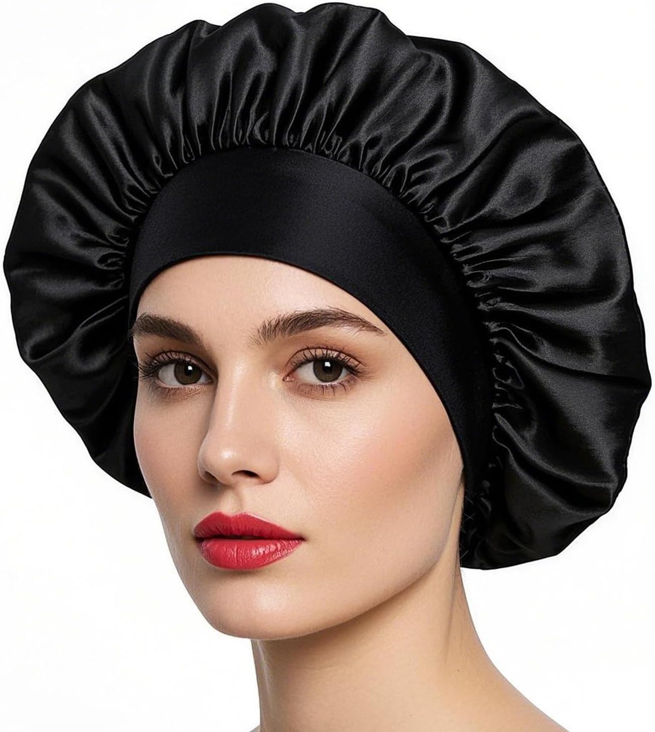 Silk Cap for Curly Hair, Silk Bonnet, Elastic Satin Night Hat for Sleeping, Women's Satin Night Hat for Women Girls (Black)