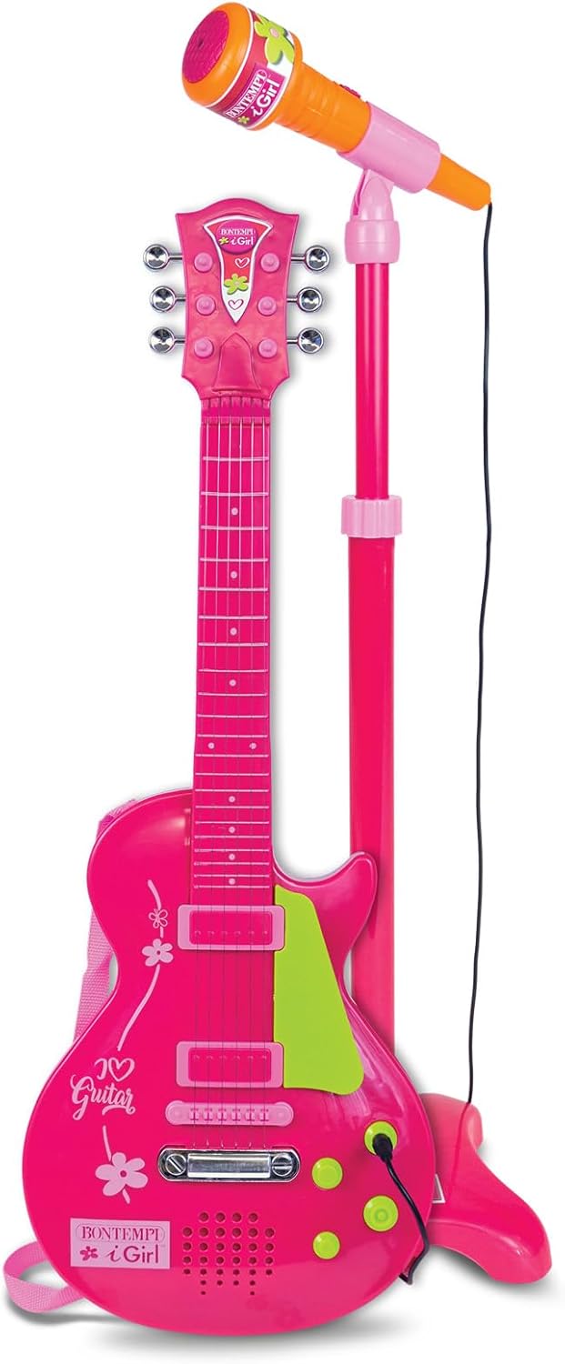 Bontempi | ElectroGroove with Microphone - Electronic Rock Guitar for Powerful Vibrations and Innovative Rhythms, Pink, 225 x 225 x 1120 mm