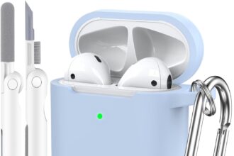 Airpods Case 1st 2nd Generation (2016/2019),Soft Silicone Protective Case for Airpods 1st 2nd with LED Visible on Front,Cleaning Kit,Sky Blue