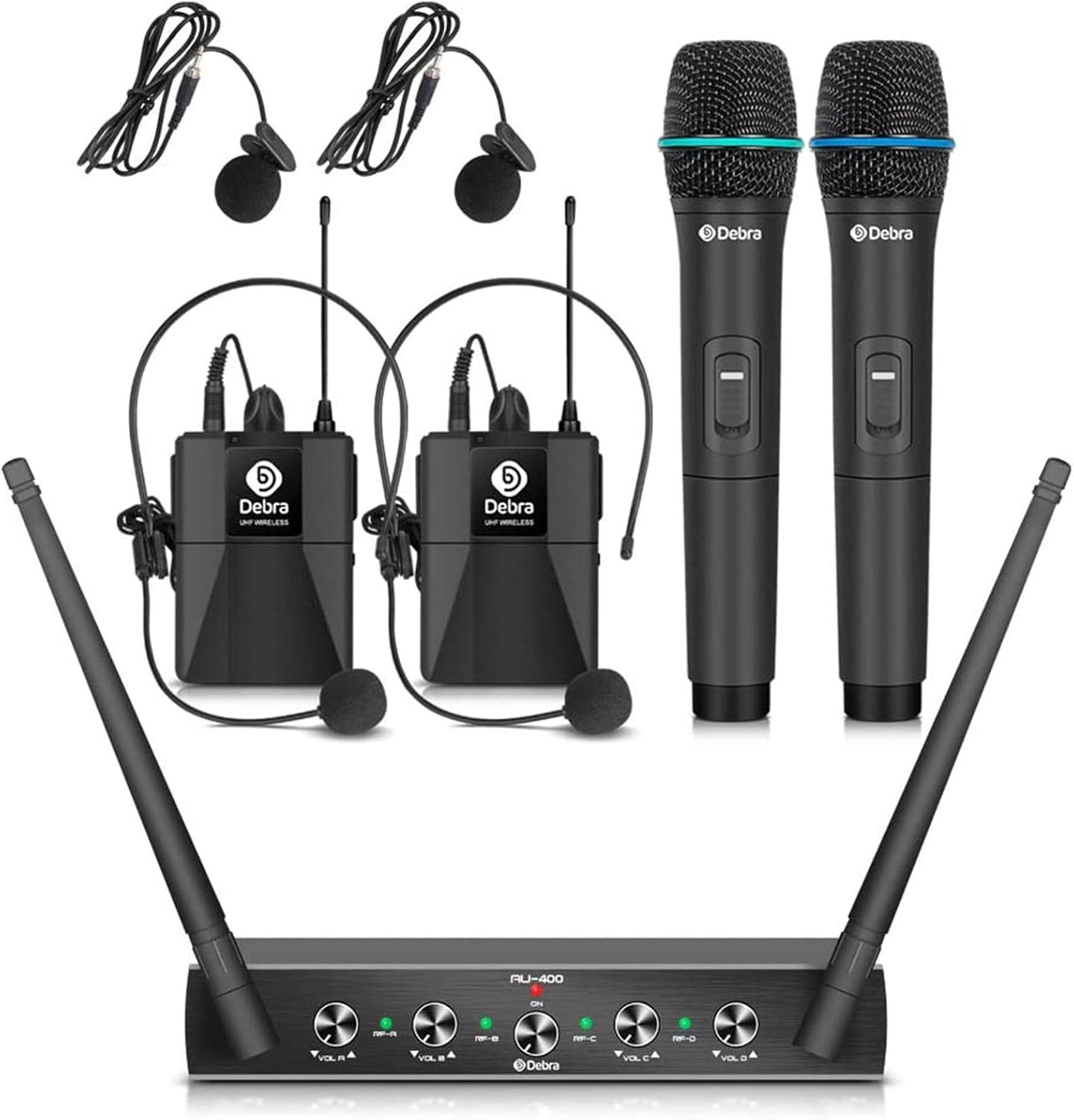 Debra Audio Pro UHF 4 Channel Wireless Microphone System with Lavalier Microphone, Metal Receiver, Ideal for Karaoke, Karaoke Party (2 Handheld and 2 Bodypack(B))