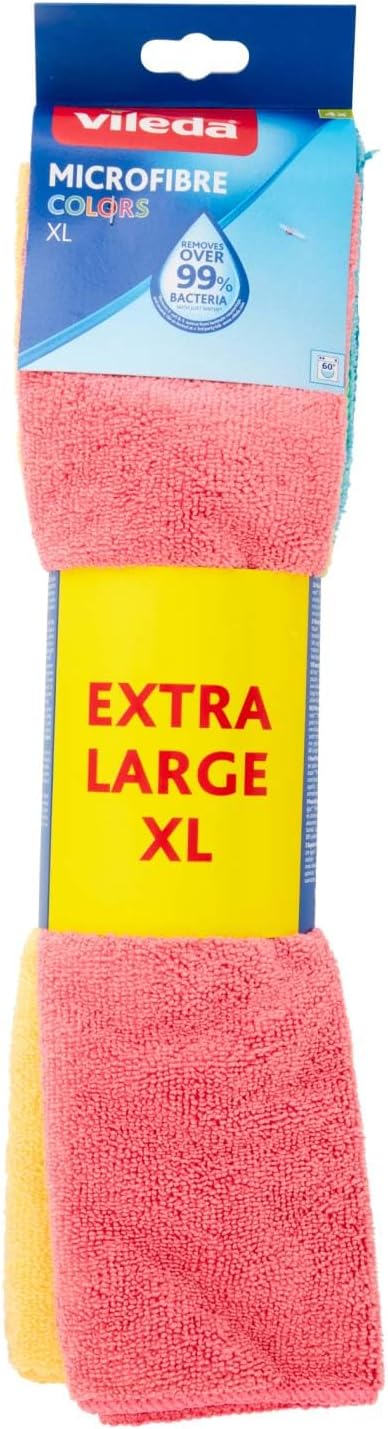 Vileda Colors Multi-purpose Microfibre Cloths Set for Glass, Bathroom, Kitchen, Furniture, Assorted Colours, XL, 36 x 38 cm, 4 Pieces