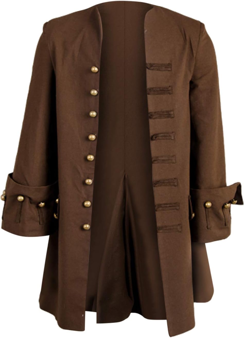 Men's Medieval Pirate Steampunk Captain Halloween Cosplay Costume Coat, Brown, Medium