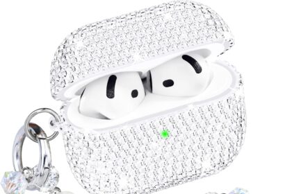 Compatible with AirPods 4 Case Diamond Glitter Protective Case for Airpods 4th Generation with Keychain for Girls Women (Front-LED Visible) Silver