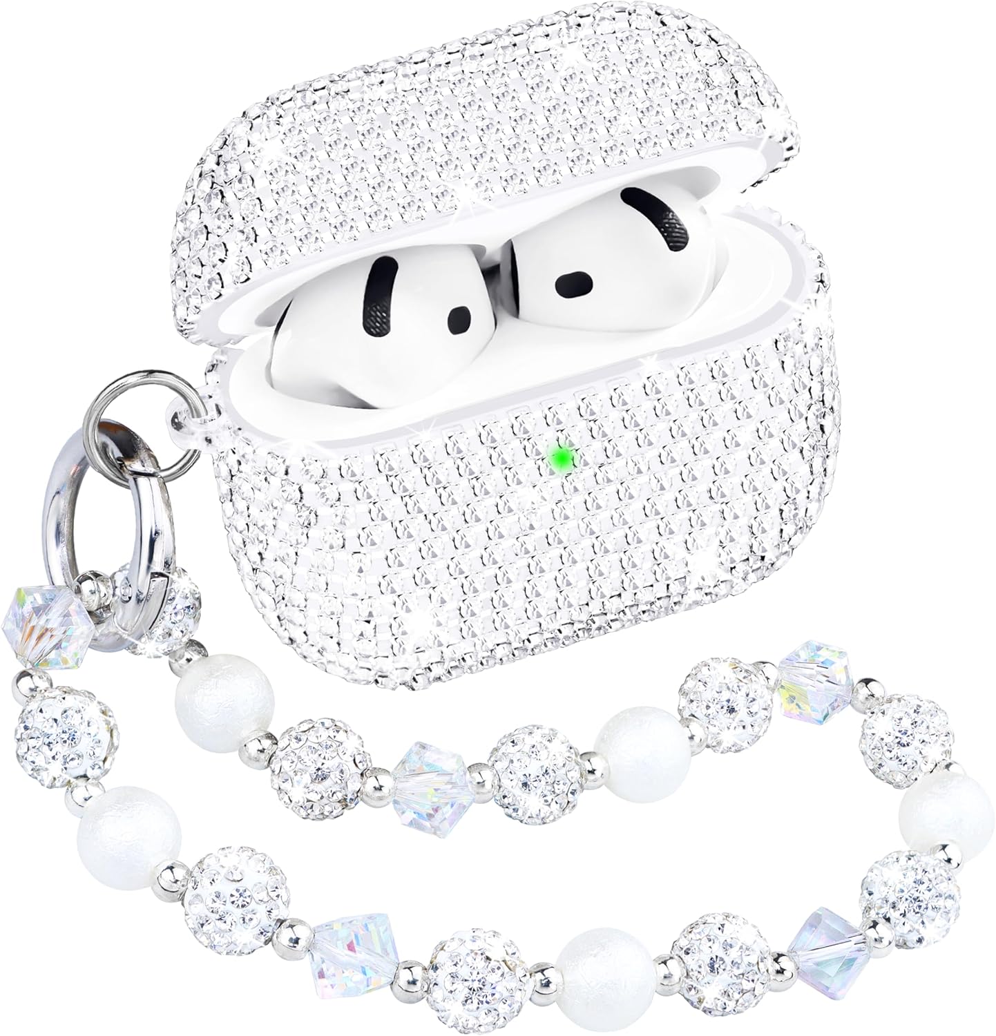 Compatible with AirPods 4 Case Diamond Glitter Protective Case for Airpods 4th Generation with Keychain for Girls Women (Front-LED Visible) Silver