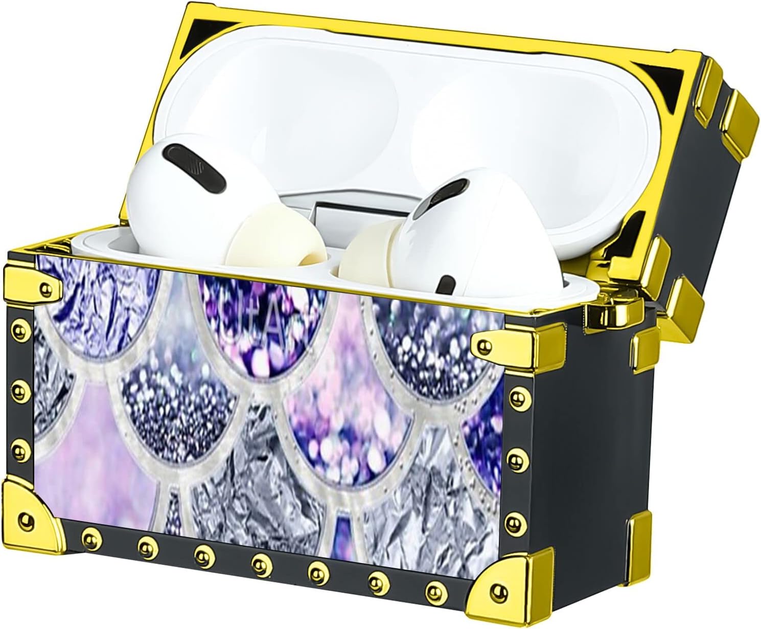 Airpods Pro Protective Case Purple Glitter Mermaid with Anti-lost Keychain for Men Women Girls