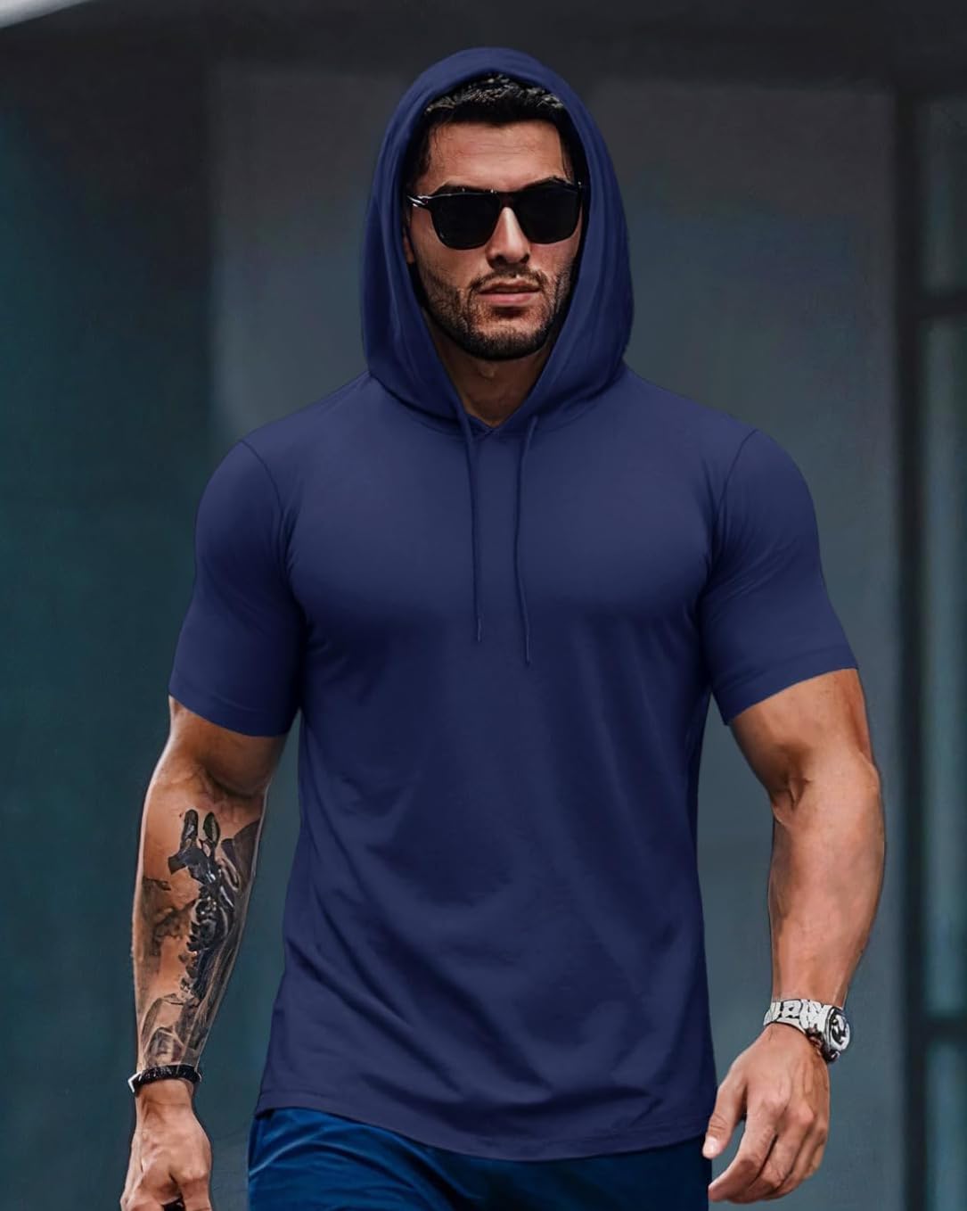Men's Hooded Sweatshirt Short Sleeve Lightweight Hooded Summer Cotton Training T-Shirt