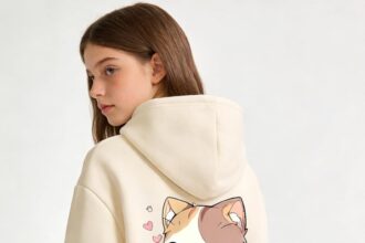 Poaeio 5DLW53132 Girls' Hooded Sweatshirt with Cat and Bubble Tea Print Soft Fleece 6-14 Years Beige