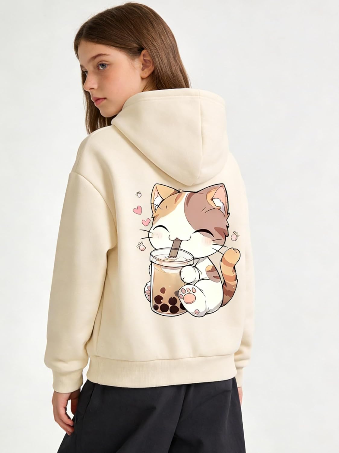 Poaeio 5DLW53132 Girls' Hooded Sweatshirt with Cat and Bubble Tea Print Soft Fleece 6-14 Years Beige