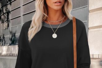 Women Sweatshirts Crew Neck Long Sleeve Loose Fit Top Color Block Ribbed Edge Fashion