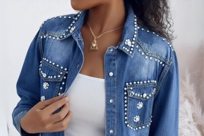 Women Denim Coat Rhinestone Pearl Curved Hem Turndown Collar Button Front Daily Streetwear