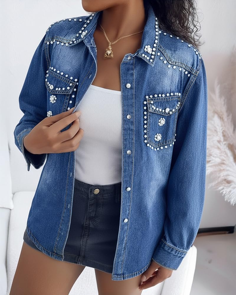 Women Denim Coat Rhinestone Pearl Curved Hem Turndown Collar Button Front Daily Streetwear