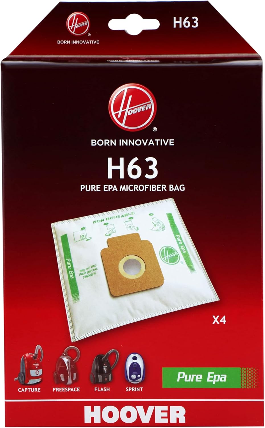Hoover H63 Genuine Microfibre Vacuum Cleaner Bags Pure EPA Active Carbon Odour System Compatible with Hoover Towing 4 Pieces
