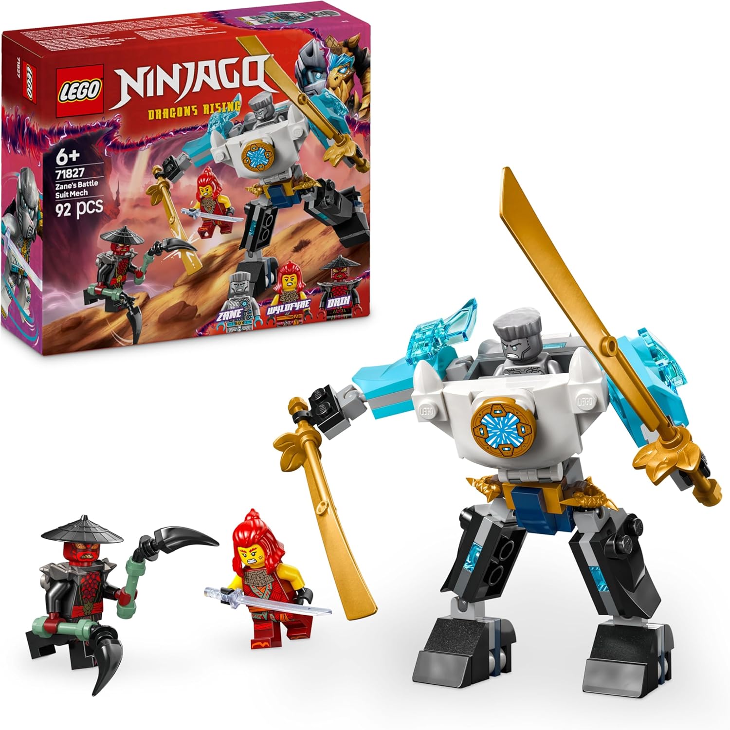 LEGO NINJAGO Mech Battle of Zane – Jointed Ninja Toy Figure with 3 Minifigures with Armor, Swords and Accessories, Games for Children and Girls from 6 Years from Dragon Revolt 71827