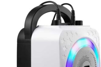 RockJam 10 Watt Rechargeable Bluetooth Karaoke Machine with Two Microphones, Light Show and Voice Effects