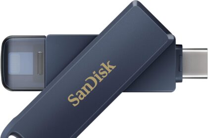 SanDisk 128GB Phone Drive USB Flash Drive for iPhone/iPad, PC and Mac (2-in-1 iPhone Storage, with Lightning Connectors and USB-C Auto Backup, Password Protection) Metallic Sky