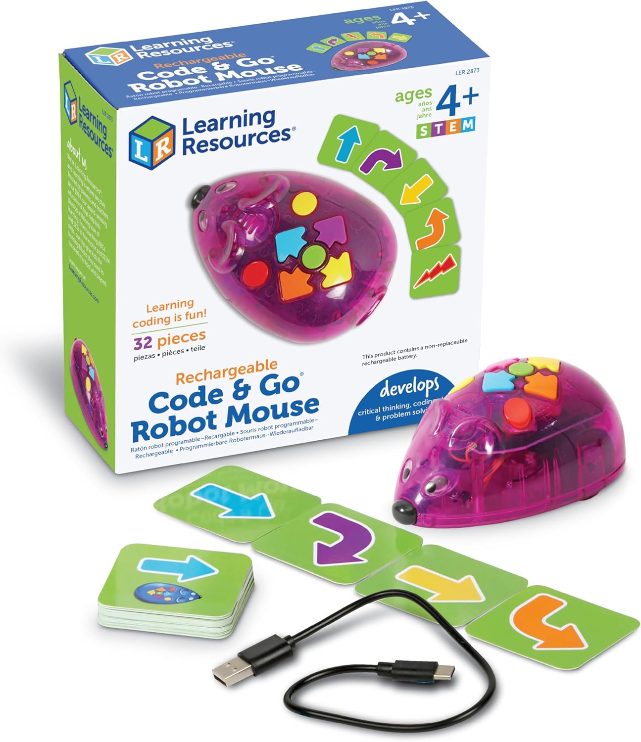 Learning Resources Code & Go Rechargeable Activity Set Mouse Robot Toys for Children and Girls 4 Years, Interactive Programmable Robot Without Screen