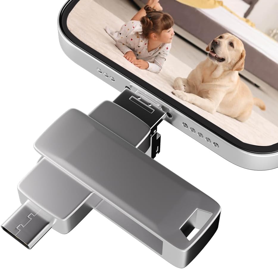512GB USB Flash Drive for Iphone, 4 in 1 Pendrive External Memory for Downloading Photos, USB C Pen Drive USB Stick 3.0, Memory Stick Compatible with iPhone/iPad/Android/PC, One-Click Backup