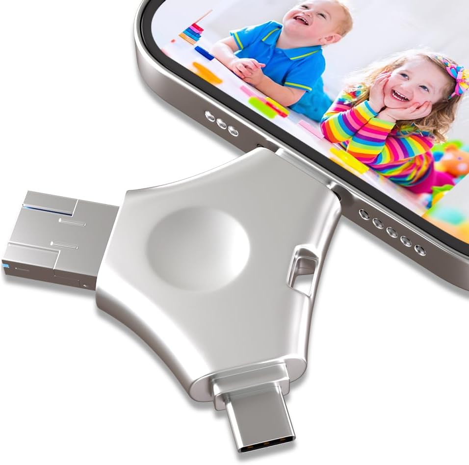 512GB USB Flash Drive for iPhone, 4 in 1 Pendrive External Memory for Downloading Photos, USB C Pen Drive USB Stick 3.0, High Capacity Memory Stick Compatible with iPhone/Pad/Android/PC