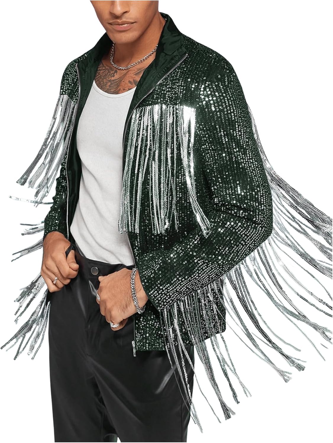 Men's Jackets Fringed Zip Long Sleeve Sequins Spring Autumn Coats
