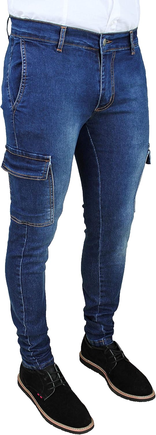 Evoga Men's Cargo Jeans Blue Denim Casual Slim Fit with Side Pockets