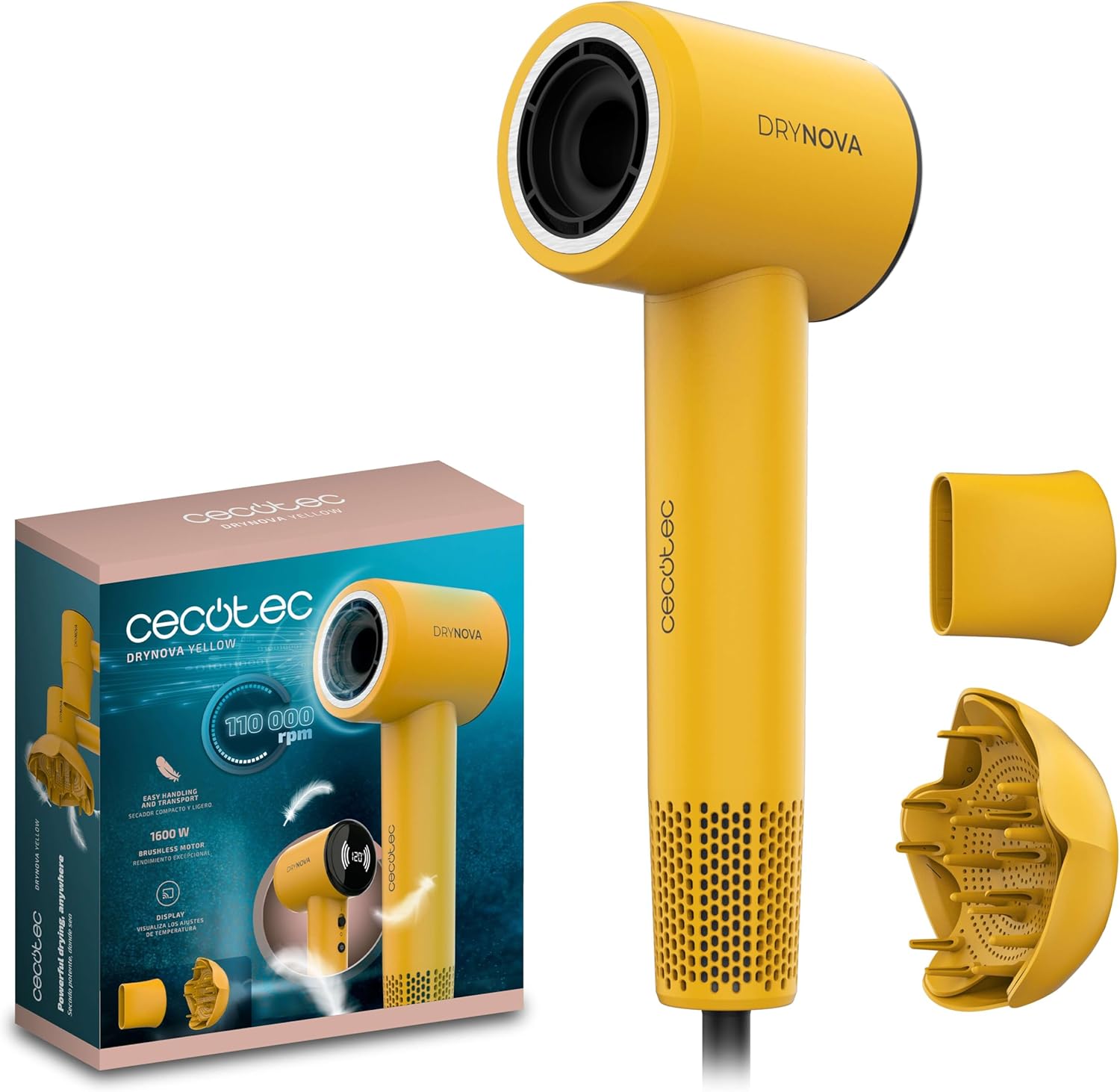 Cecotec DryNova Yellow Sun Compact and Lightweight Hair Dryer, 1600W, 110000RPM, Brushless Motor, Diffuser and Concentrator, Ion Generator, Silent and Durable, 4 Temperature Settings