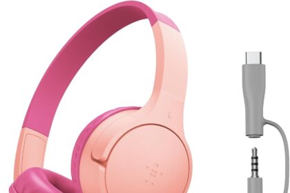 Belkin SoundForm Mini Wired Headphones, USB-C to 3.5mm Adapter, Microphone, Stickers, Volume Limit 85dB for Online Education and Travel, Compatible with iPhone, iPad, Galaxy - Pink