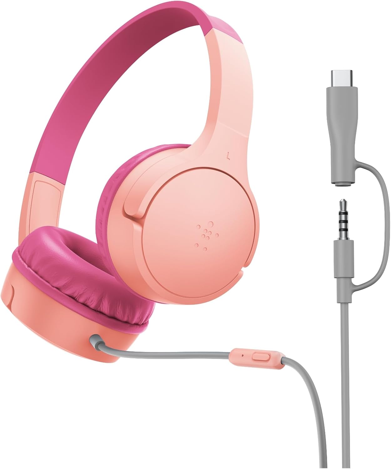 Belkin SoundForm Mini Wired Headphones, USB-C to 3.5mm Adapter, Microphone, Stickers, Volume Limit 85dB for Online Education and Travel, Compatible with iPhone, iPad, Galaxy - Pink
