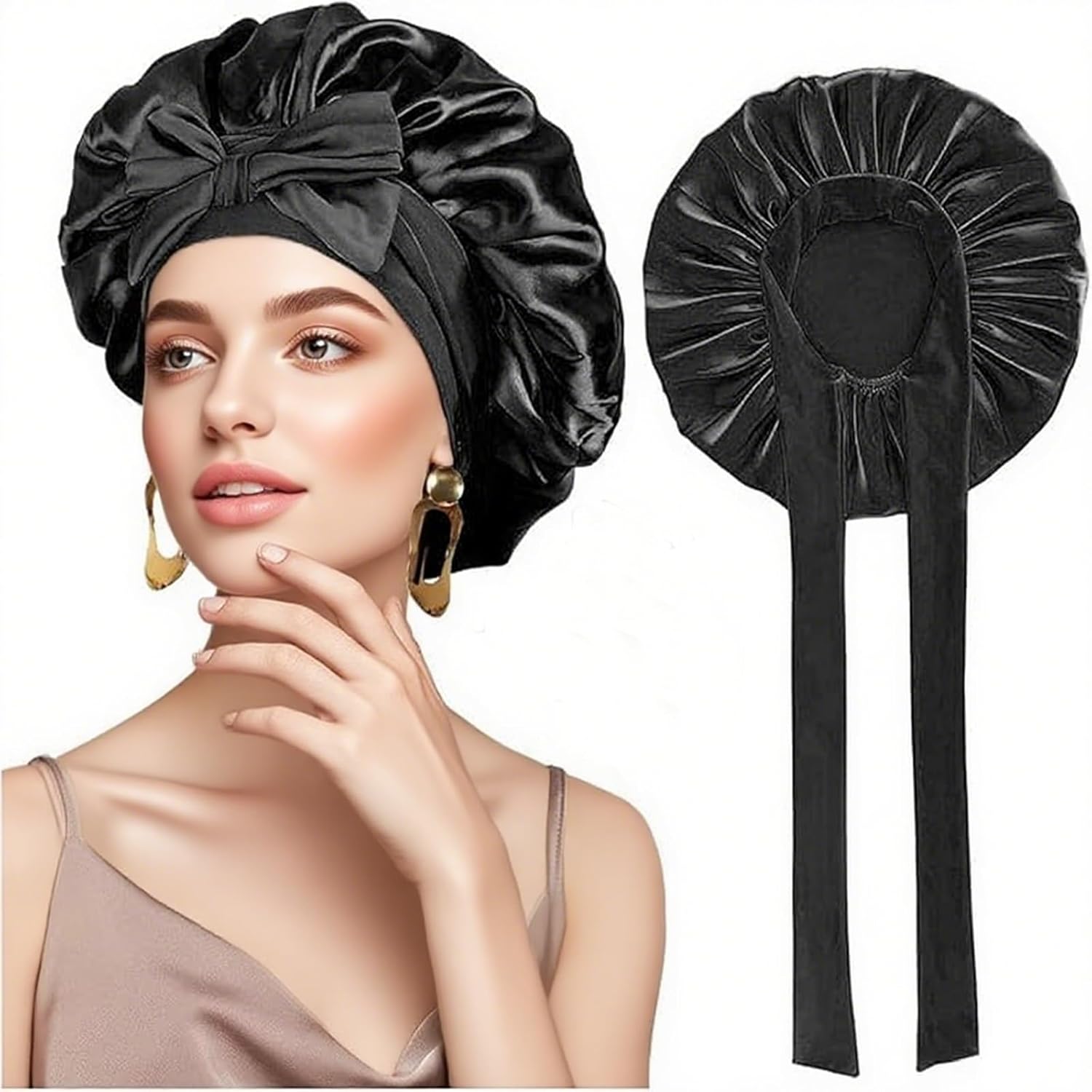 Silk Sleep Cap Satin Large Double Layer Sleep Cap for Women