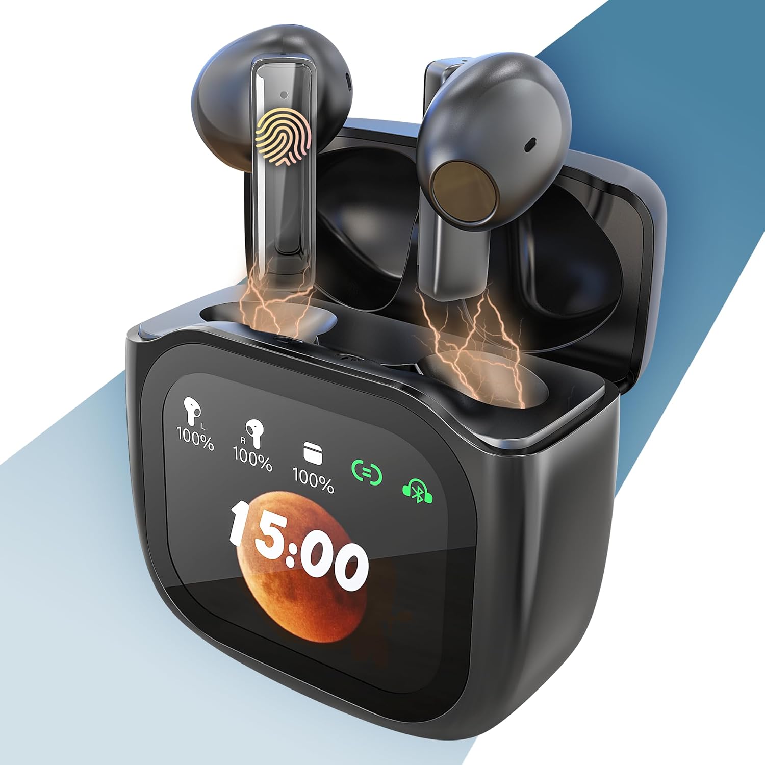 PORTENTUM Bluetooth 5.4 Wireless Headphones - Customizable Touch LED Screen - DUAL ENC Noise Cancelling - 50H - Touch Control Earphones - HiFi Bass - Comfortable Fit - USB-C