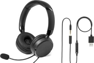 Amazon Basics - Over-Ear Headphones for Computer with Cable, Adjustable Microphone, 3.5 mm Connection, Wired Control with USB-A, Foldable, Office Headphones, Smartphone, PC, Laptop, Black