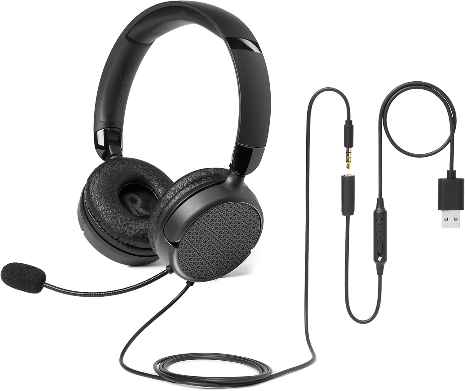 Amazon Basics - Over-Ear Headphones for Computer with Cable, Adjustable Microphone, 3.5 mm Connection, Wired Control with USB-A, Foldable, Office Headphones, Smartphone, PC, Laptop, Black