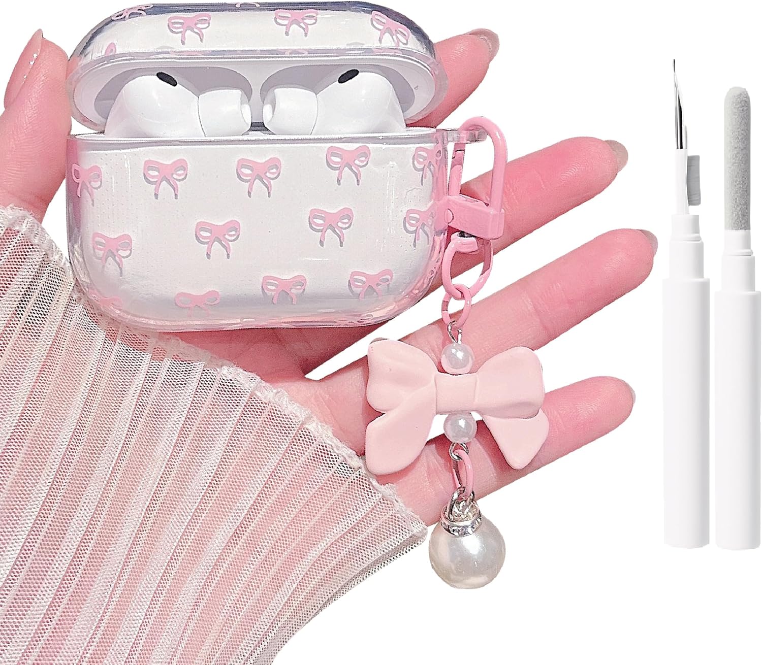 MINSCOSE Compatibile con custodia per AirPods Pro di terza generazione (2025) con kit di pulizia, grazioso motivo a fiocco, design estetico con fiocco e perle, per ragazze e donne, per AirPods Pro 3