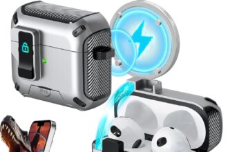 RFUNGUANGO Case Compatible with AirPods 3, Compatible with MagSafe Charging, Automatic Pop-up with Safety Lock Clip,Silver Case with Black Switch
