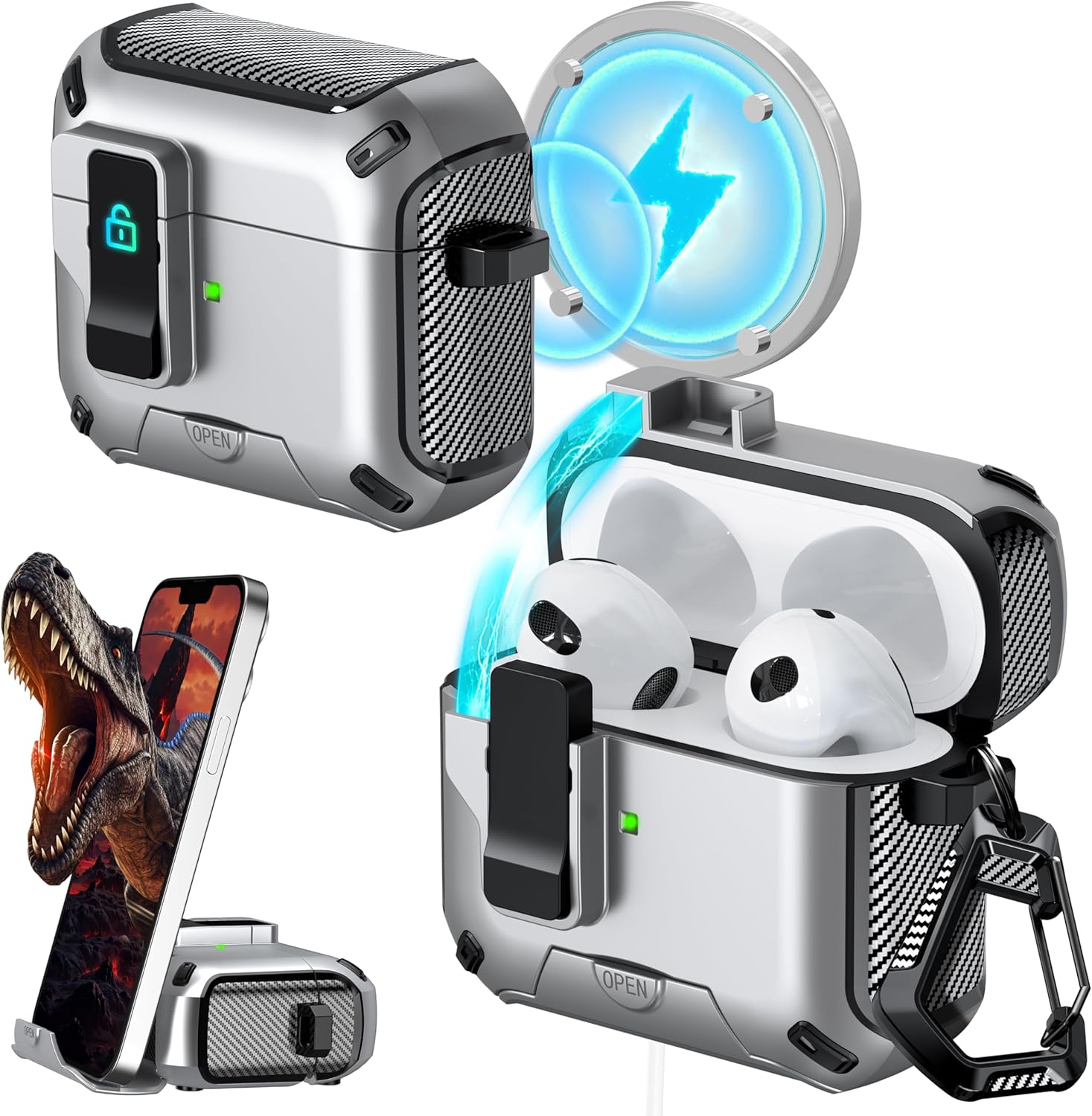 RFUNGUANGO Case Compatible with AirPods 3, Compatible with MagSafe Charging, Automatic Pop-up with Safety Lock Clip,Silver Case with Black Switch
