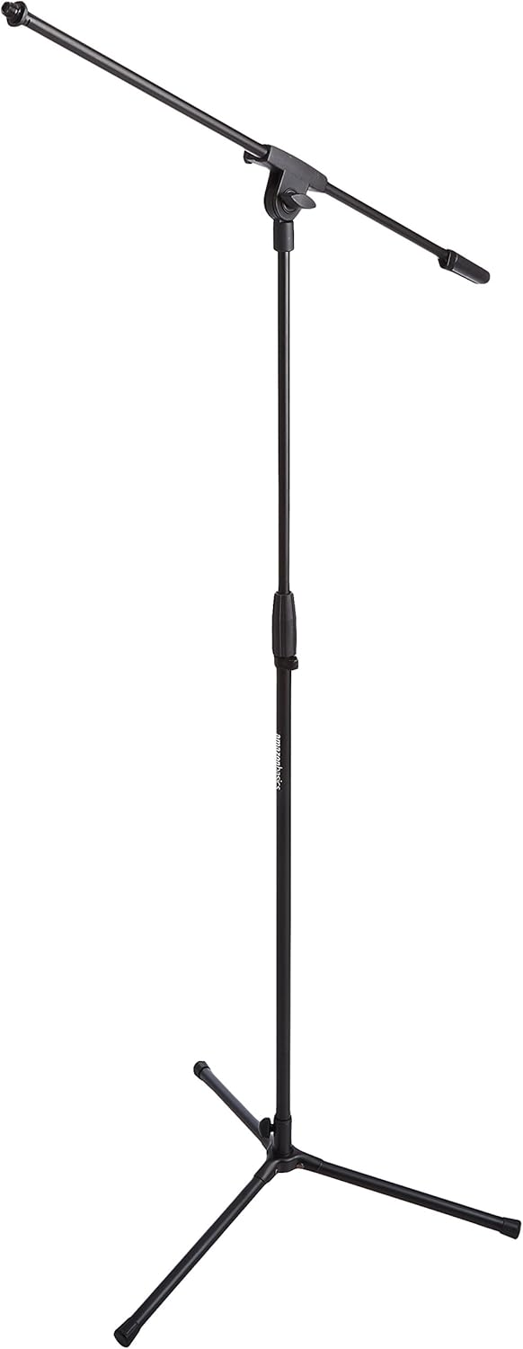 Amazon Basics Microphone Holder Stand with Tripod, Up to 218 cm, Tiltable and Adjustable, Ultra-Light Steel, Transportable, Compatible with Adapter from 95 mm to 160 mm, Black