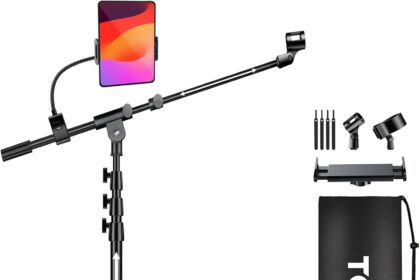 TONOR Microphone Stand with Tablet Stand, Height Adjustable Floor Tripod with Carrying Bag, Clamp for Phone and iPad, Wide Compatibility, T35