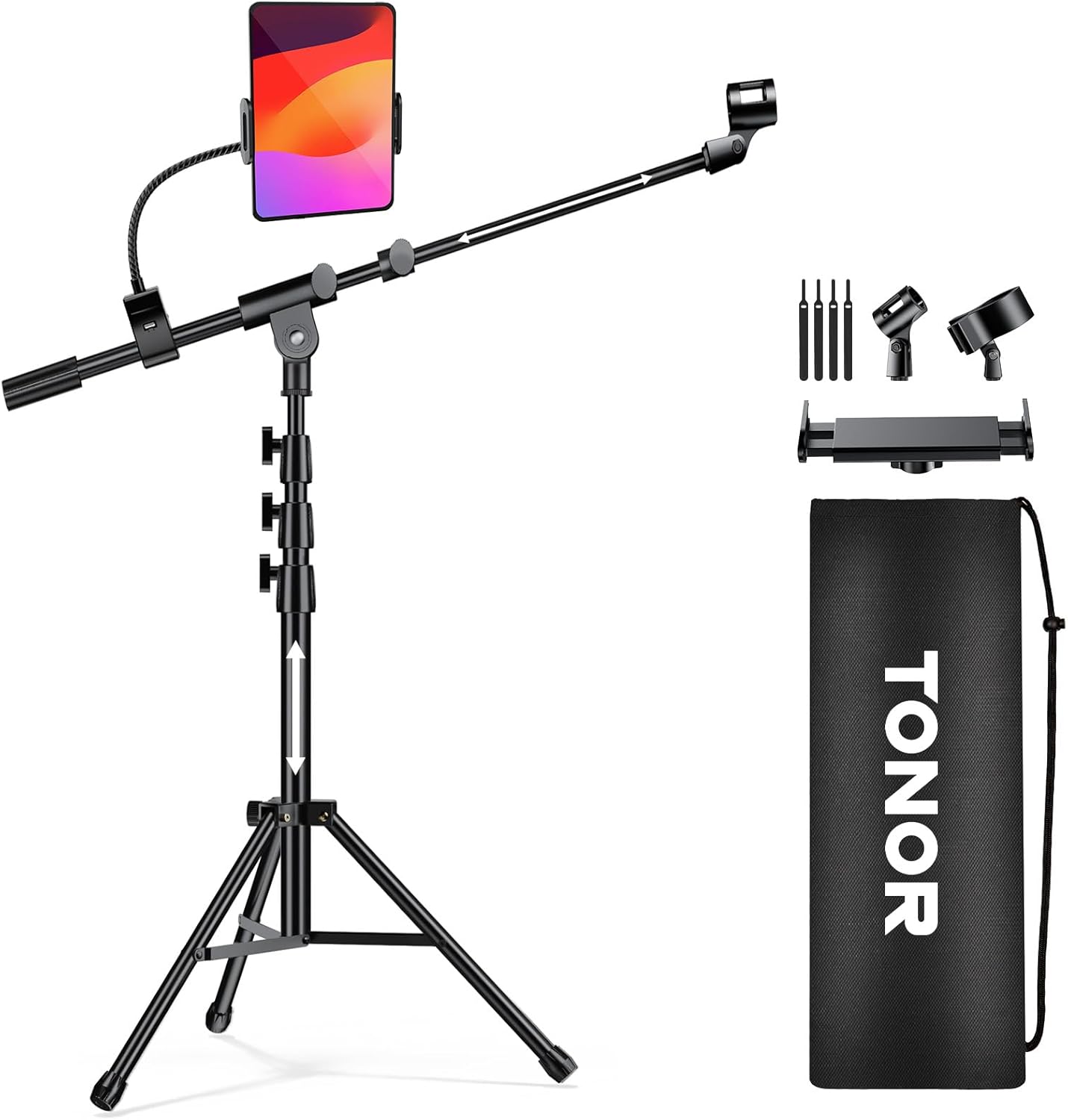 TONOR Microphone Stand with Tablet Stand, Height Adjustable Floor Tripod with Carrying Bag, Clamp for Phone and iPad, Wide Compatibility, T35